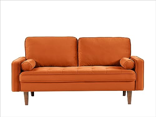 Container Furniture Direct Velvet 58" Loveseat Sofa Couch for Living Room, Classic Mid-Century Style with Modern Silhouette, Button Tufting and Wood Legs, Includes 2 Bolster Pillows, Orange