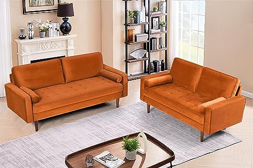 Container Furniture Direct Velvet 58" Loveseat Sofa Couch for Living Room, Classic Mid-Century Style with Modern Silhouette, Button Tufting and Wood Legs, Includes 2 Bolster Pillows, Orange