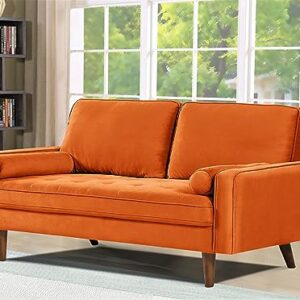 Container Furniture Direct Velvet 58" Loveseat Sofa Couch for Living Room, Classic Mid-Century Style with Modern Silhouette, Button Tufting and Wood Legs, Includes 2 Bolster Pillows, Orange