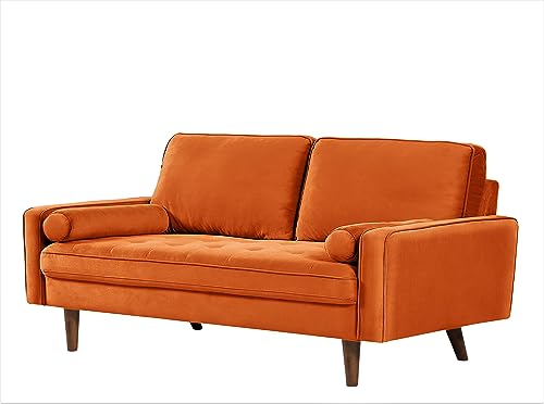 Container Furniture Direct Velvet 58" Loveseat Sofa Couch for Living Room, Classic Mid-Century Style with Modern Silhouette, Button Tufting and Wood Legs, Includes 2 Bolster Pillows, Orange