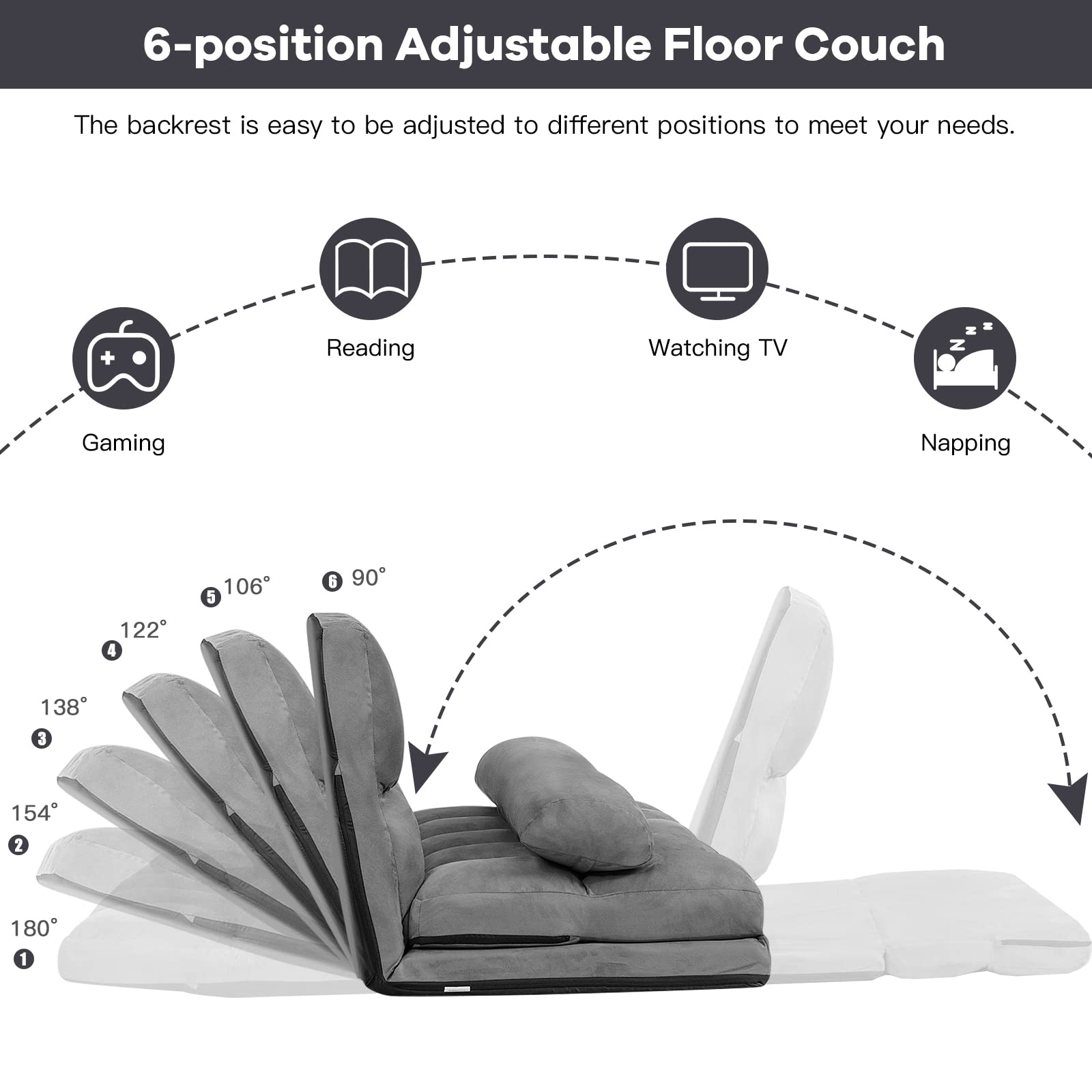 KOMFOTT Adjustable Floor Sofa Bed, Foldable Lazy Sofa Sleeper Bed with 6 Position Backrest & 2 Pillows, Convertible Futon Couch Bed with Suede Cloth Cover, Lounge Recliner for Living Room