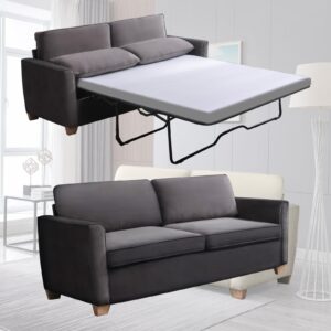 ijuicy Queen Size Pull Out Couch, Pull Out Sofa Bed with Foam Mattress, Velvet Sofa with Pull Out Bed, 2-in-1 Sleeper Couch Bed for Living Room, Apartment, Small Spaces (Dark Grey)