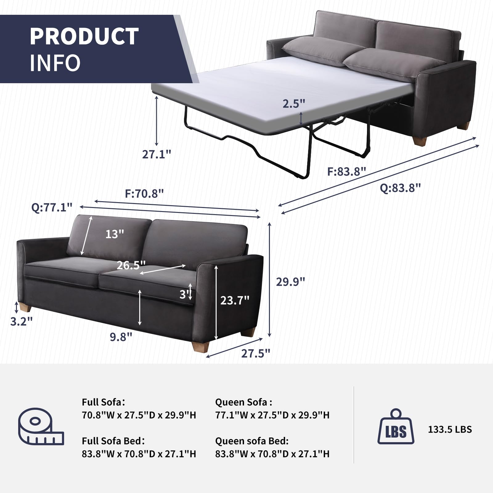 ijuicy Queen Size Pull Out Couch, Pull Out Sofa Bed with Foam Mattress, Velvet Sofa with Pull Out Bed, 2-in-1 Sleeper Couch Bed for Living Room, Apartment, Small Spaces (Dark Grey)