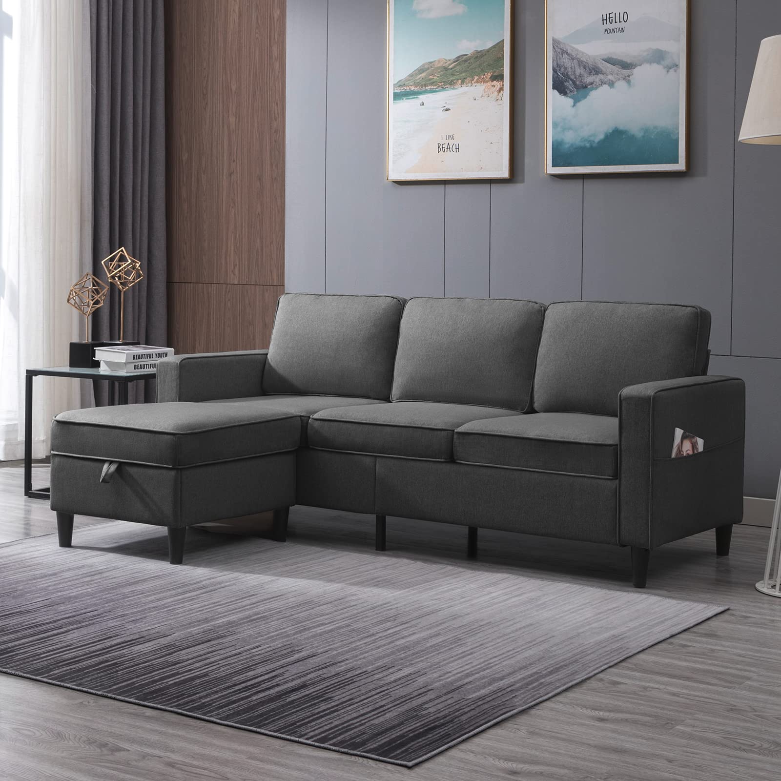 CECER Sectional Sofa, Convertible Couch, L-Shaped Couch with Storage Ottoman, Linen Fabric 3-seat Couches with Movable Ottoman, Chasie Lounge for Small Space-Apartment/Living Room (Dark Grey)