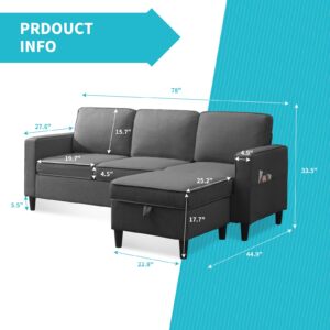 CECER Sectional Sofa, Convertible Couch, L-Shaped Couch with Storage Ottoman, Linen Fabric 3-seat Couches with Movable Ottoman, Chasie Lounge for Small Space-Apartment/Living Room (Dark Grey)