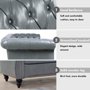 Wlvos 84" Leather Chesterfield Sofas for Living Room, Rolled Arm 3-Seater Large Couch Deep Button Nailhead Tufted Upholstered Couches for Bedroom, Office Apartment Easy to Assemble (Gray)