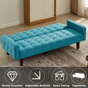 Betoko Linen Futon Sofa Couch 73.6" Fabric Upholstered Convertible Sofa Bed Minimalist Button Tufted Small 3 Seater Sleeper Futon Couch Set for Living Room Bedroom (Blue)