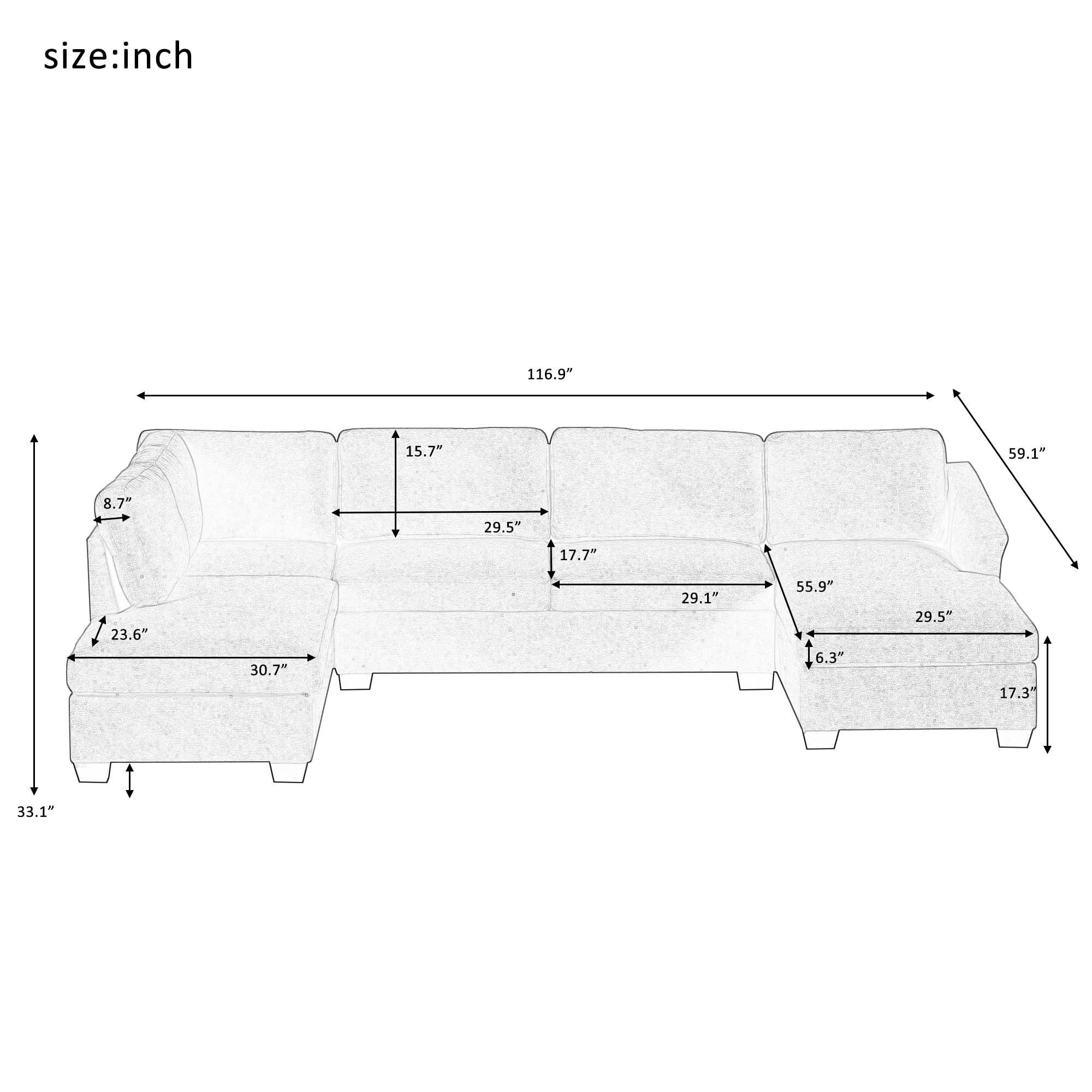 WILLIAMSPACE 116" Sectional Sofa for Living Room, Large U-Shaped Sofa Couch with Chaise Lounge, Upholstered Modular Sofa for Home Office - Beige