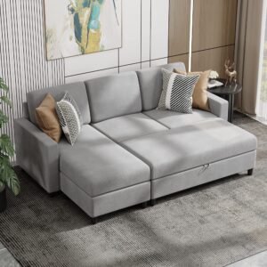 jamfly 79'' sectional sofa couch with storage ottoman, living room furniture set small deep convertible sofa, l-shaped couch wide reversible chaise with linen fabric (grey)