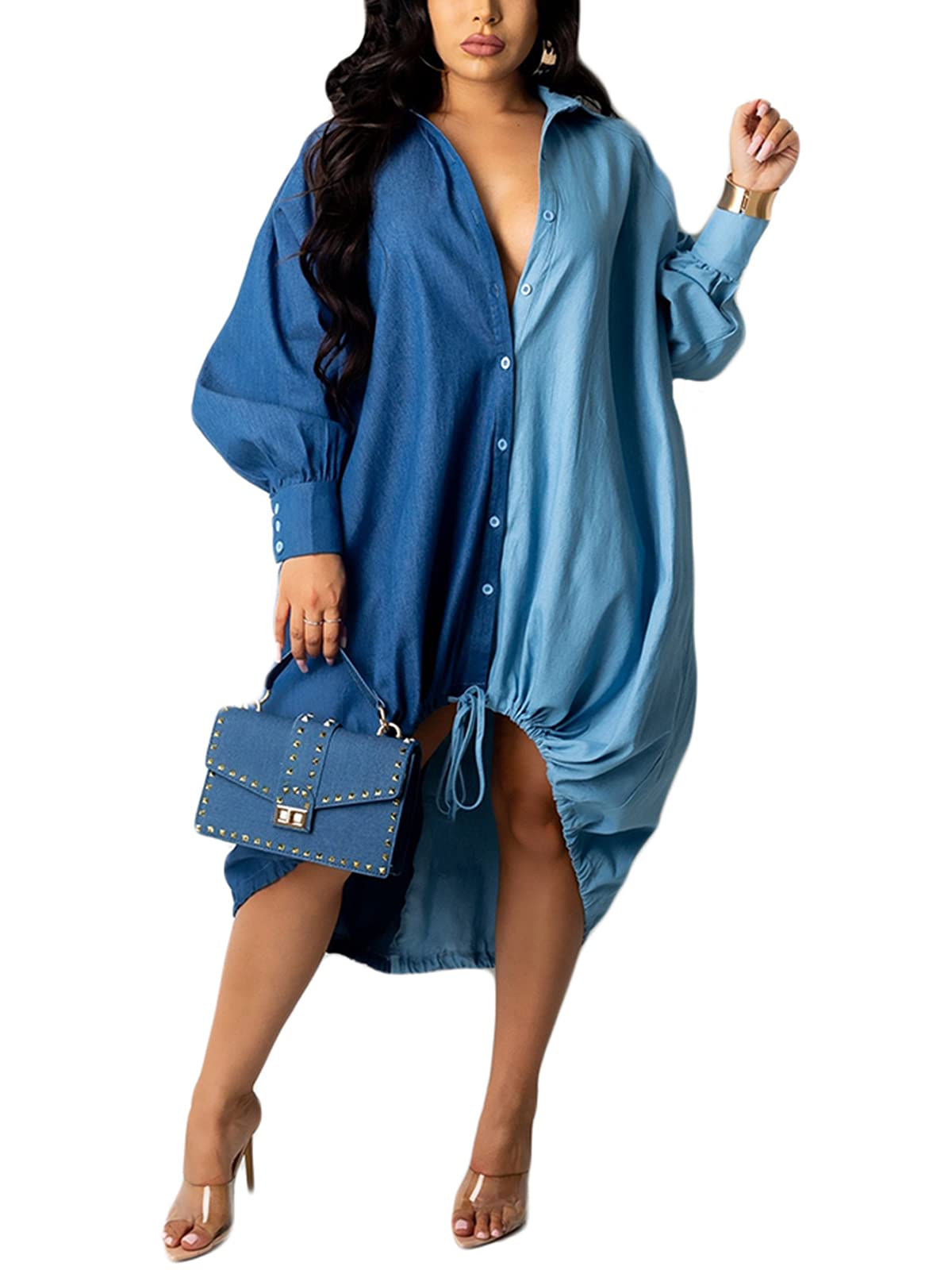 Hoibmasp Women Casual High Low Button Down Shirt Dress Loose Mixi Dress Plus Size Drawstring Hem Top Blouse Dress Light Blue M