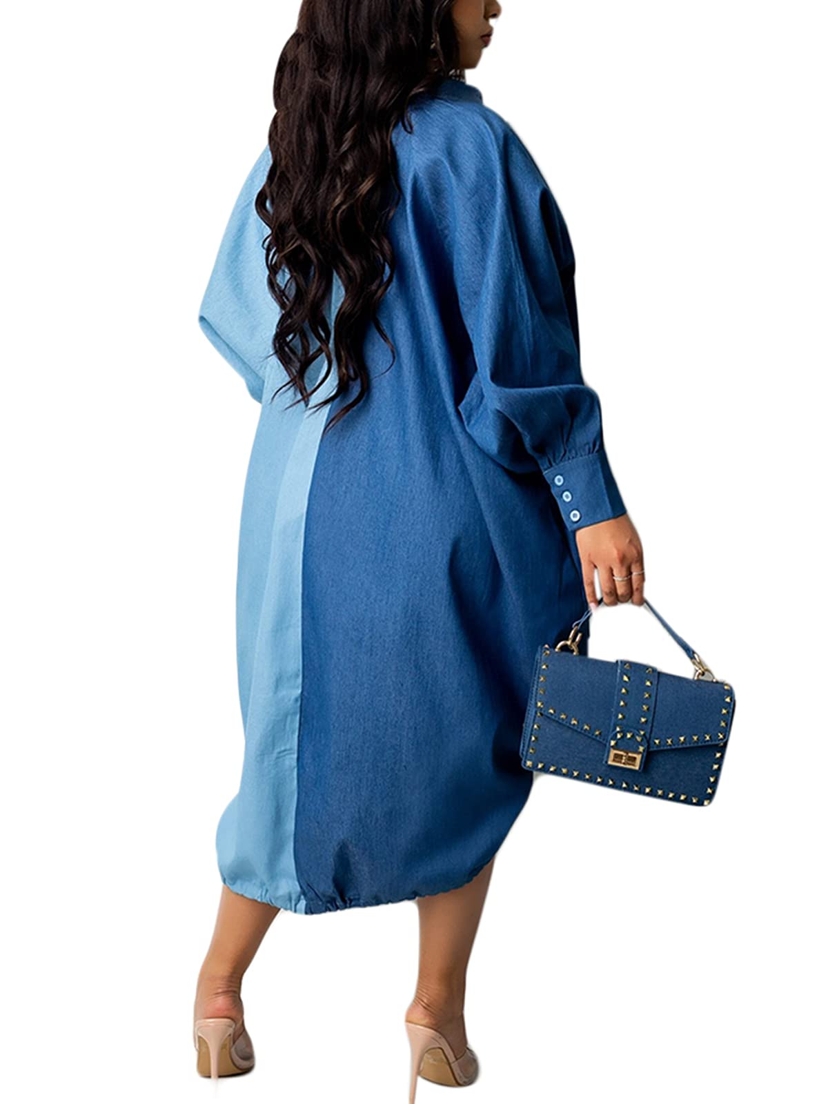 Hoibmasp Women Casual High Low Button Down Shirt Dress Loose Mixi Dress Plus Size Drawstring Hem Top Blouse Dress Light Blue M