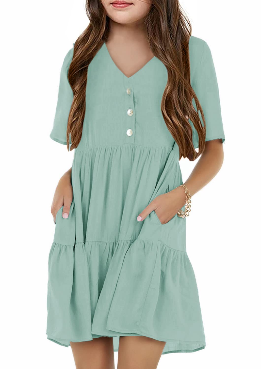 Tymidy Girls Casual Dress A-Line Midi Dress Button Down V Neck Short Sleeve Ruffle Flowy Swing Mixi Dresses for 4-15 Years Lake Green…