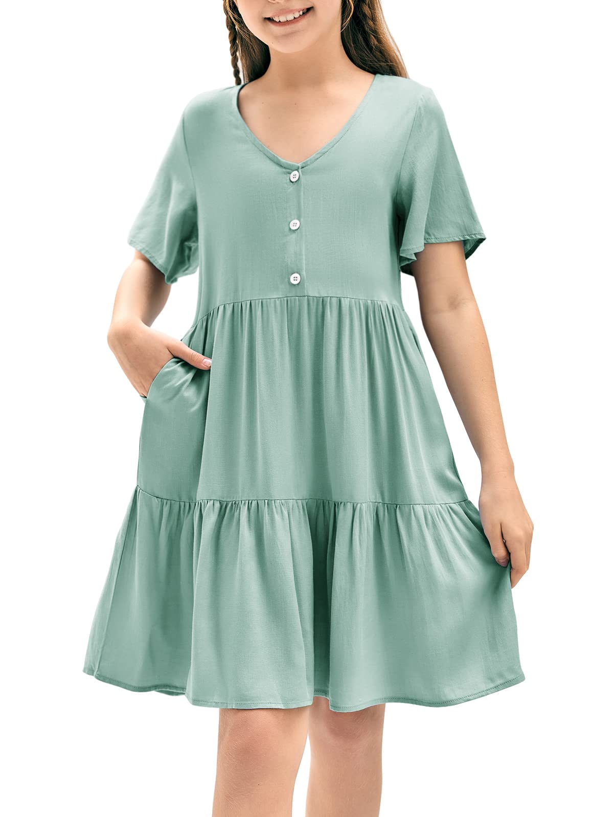 Tymidy Girls Casual Dress A-Line Midi Dress Button Down V Neck Short Sleeve Ruffle Flowy Swing Mixi Dresses for 4-15 Years Lake Green…