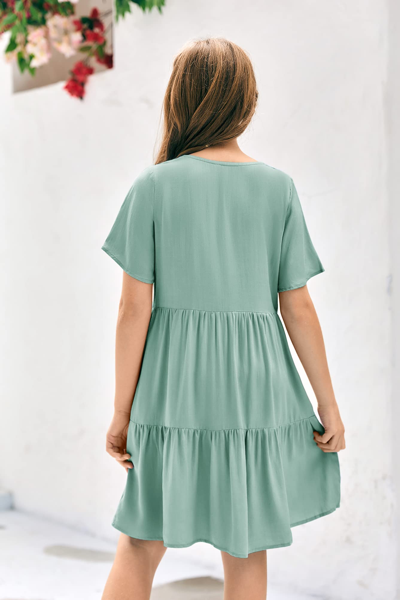 Tymidy Girls Casual Dress A-Line Midi Dress Button Down V Neck Short Sleeve Ruffle Flowy Swing Mixi Dresses for 4-15 Years Lake Green…