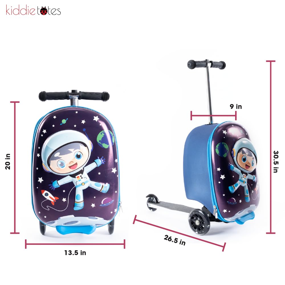 KIDDIETOTES 3-D Hardshell Ride On Suitcase Scooter for Kids -Cute Lightweight Kids Luggage with Wheels - Fun LED Lights