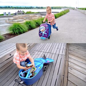 KIDDIETOTES 3-D Hardshell Ride On Suitcase Scooter for Kids -Cute Lightweight Kids Luggage with Wheels - Fun LED Lights