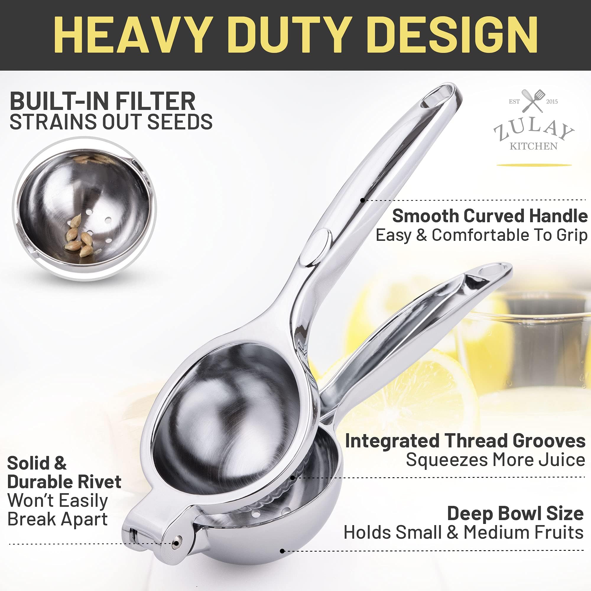 Zulay Kitchen Lemon Squeezer - Stainless Steel, Easy to Use Lemon Juicer Squeezer - Sturdy, Easy to Clean Lemon Juicer - Metal Lemon Press Juice Press - Citrus Juicer, Handheld Juicer - Silver