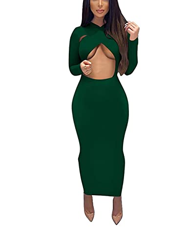 Women's Sexy Long Sleeve Cross Wrap Cut Out Bodycon Mixi Party Club Dress Dark Green