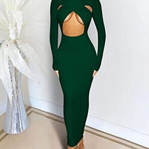 Women's Sexy Long Sleeve Cross Wrap Cut Out Bodycon Mixi Party Club Dress Dark Green