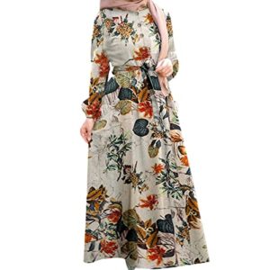 LKPJJFRG High Waist Smocked Flowy Tiered Mixi Dress O-Neck Long Sleeve A line Dress Casual Long Sleeve A Line Long Dress Yellow