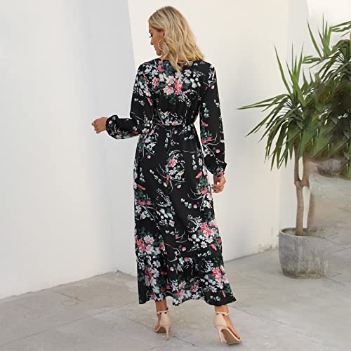 High Waist Smocked Flowy Tiered Mixi Dress Comfy Long Sleeve T Shirt Dress Casual Sexy Basic Fitted Long Dress Black