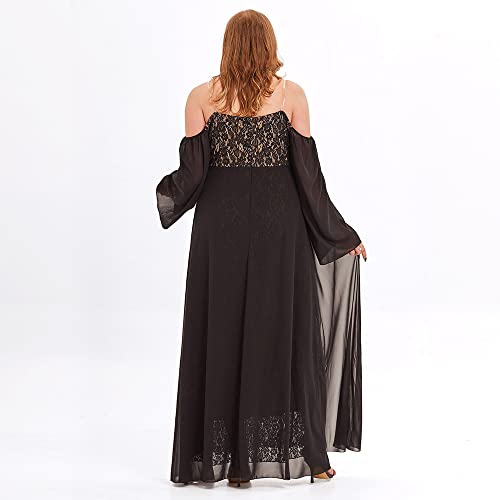 Women Spaghetti Strap Off Shoulder Lace Mash Mixi Dress Casual Cute Flowy Flare Sleeve Evening Dress (Black,XX-Large,US,Alpha,Adult,Female,XX-Large,Regular,Regular)