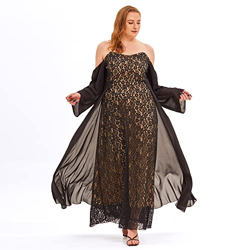 Women Spaghetti Strap Off Shoulder Lace Mash Mixi Dress Casual Cute Flowy Flare Sleeve Evening Dress (Black,XX-Large,US,Alpha,Adult,Female,XX-Large,Regular,Regular)