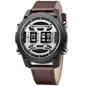megir new luxury drum roller watches men military sport brown leather quartz wrist watch (black)
