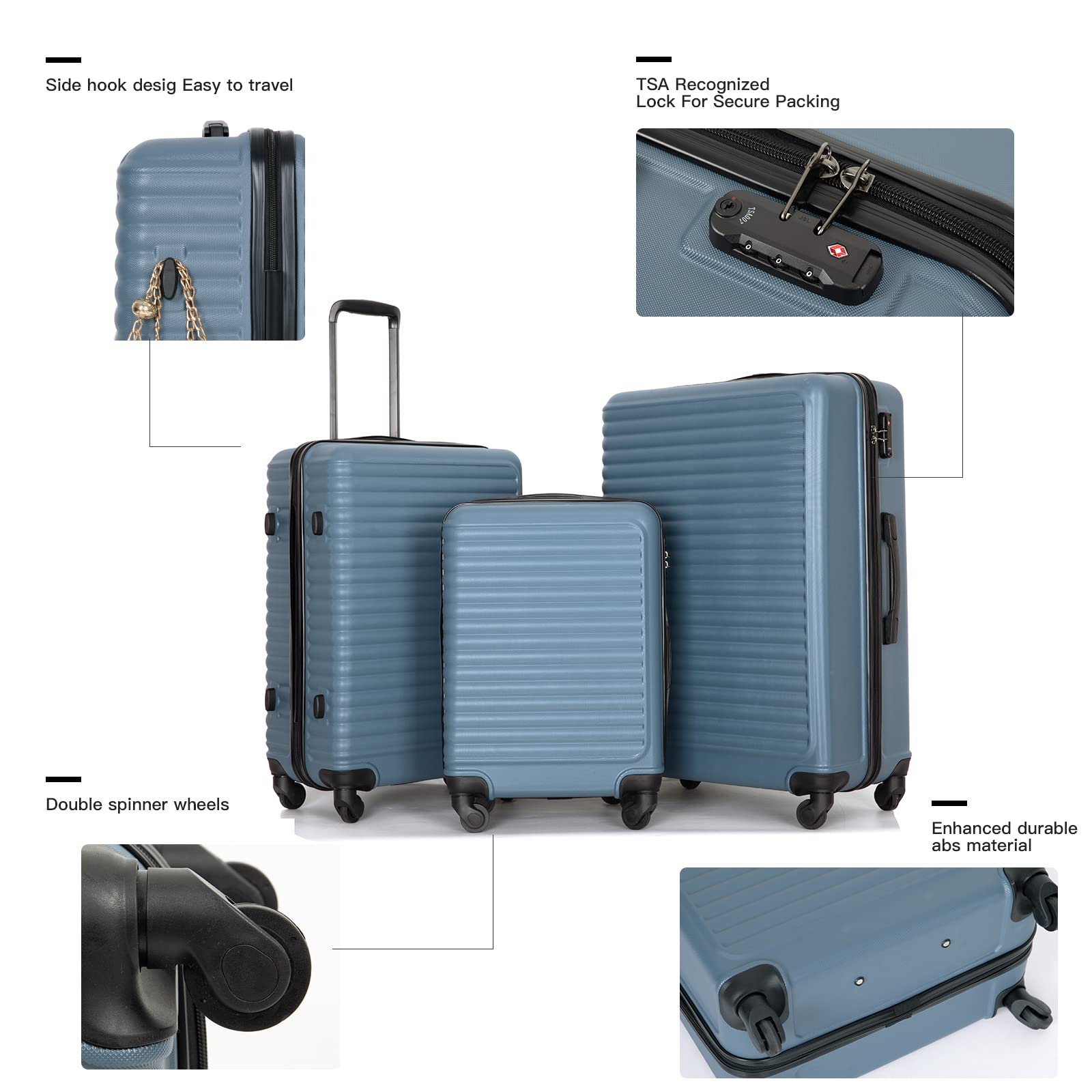 Travelhouse Amalodie Hardshell Upright Spinner Wheel Suitcase Set PP ABS, Lightweight Checked Carry-On Luggage 3-Piece Set with Spinner Wheels TSA Locks 20" 24" 28" (Jet blue)