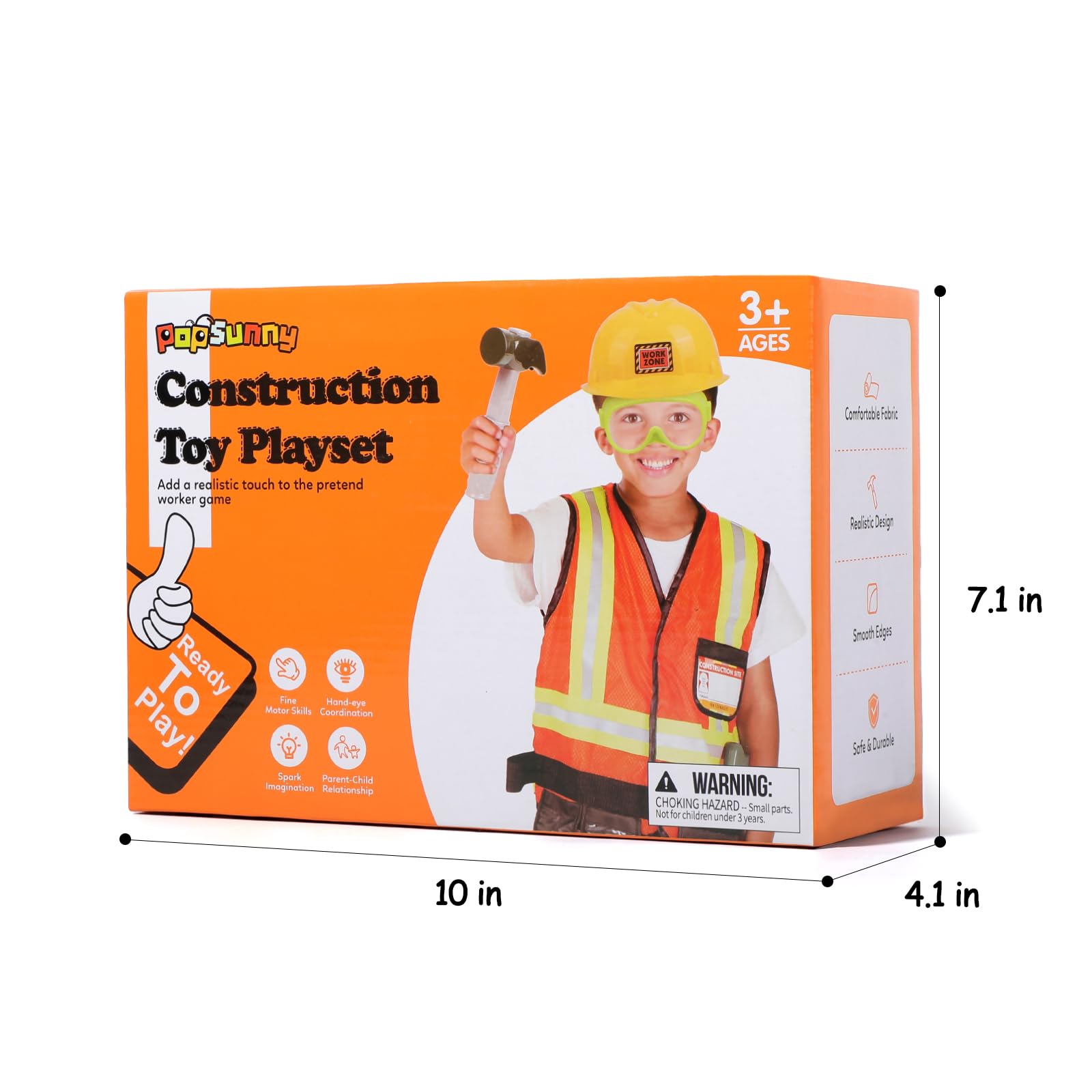 Popsunny Kids Construction Worker Toys, Toddler Tool Pretend Play with Construction Vest & Hat, Worker Dressup Set for Boys Girls 3 4 5 6 Years Old