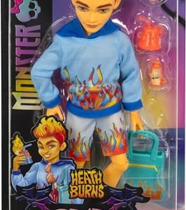 Monster High Scare-adise Island Heath Burns Doll with Flame Hoodie, Swim Trunks & Beach Accessories like Sunglasses