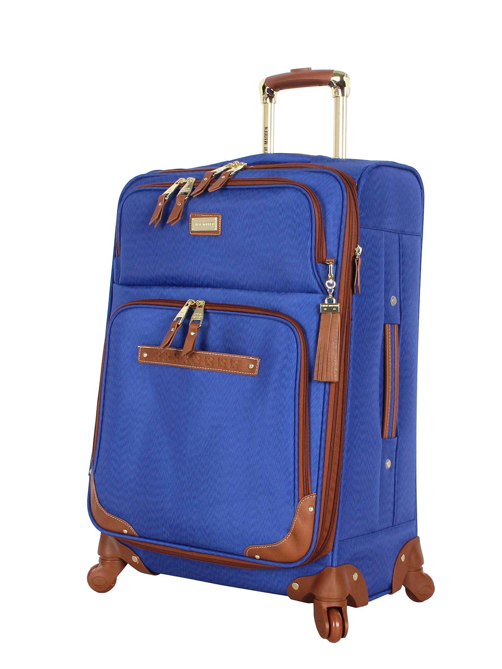 Steve Madden Designer Luggage Collection - Expandable 24 Inch Softside Bag - Durable Mid-sized Lightweight Checked Suitcase with 4-Rolling Spinner Wheels (Global Blue)