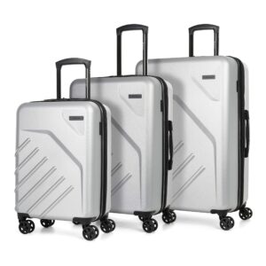 Swiss Mobility LGA Collection 3 Piece Hard Shell Luggage Set, Expandable Suitcases with 360-Degree Spinner Wheels, Retractable Handle, 20 Inch Carry On, 24 Inch Mid-size, 28 Inch Large Bags, Silver