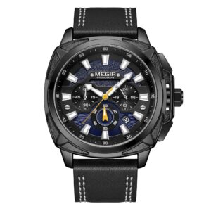 megir mens watches chronograph leather waterproof analogue quartz stainless steel business classic men's wrist watches (black)