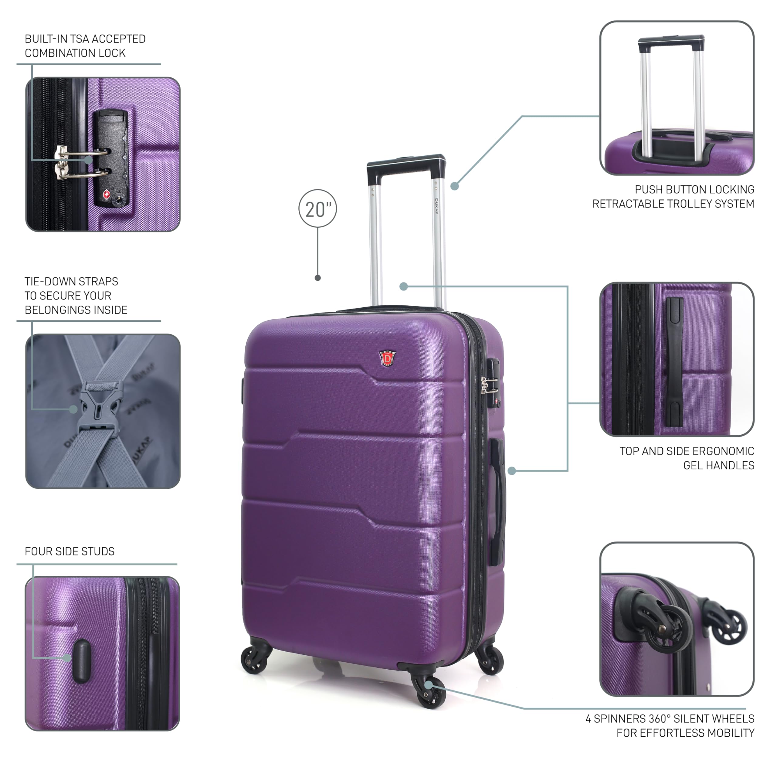 DUKAP RODEZ Hardside Luggage with Ergonomic Handles and TSA Lock | Spacious Traveling Suitcase, Travel Suitcase with Four Spinner Wheels and Studs | 20 Inch Carry On Luggage | Purple