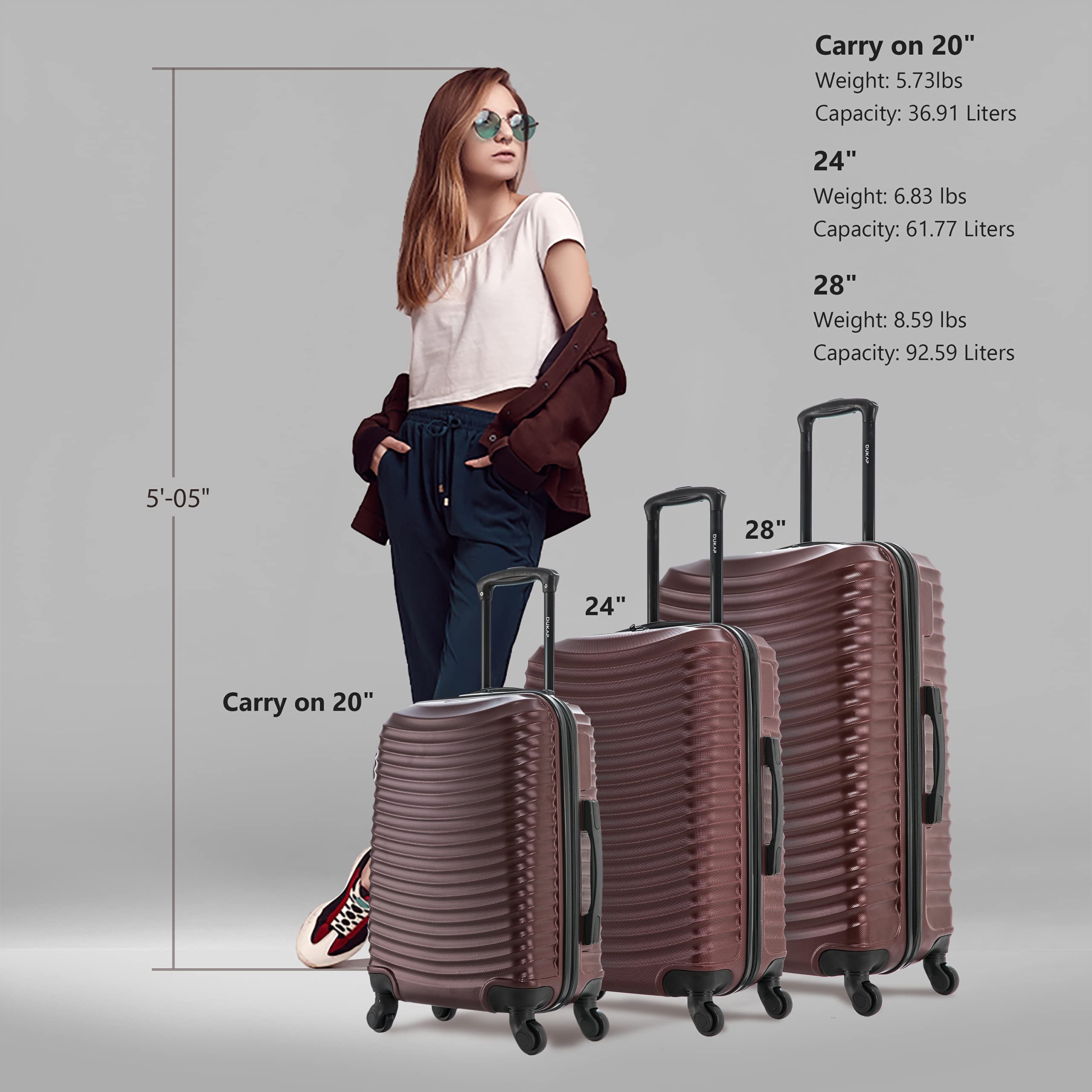 DUKAP ADLY Luggage with Spinner Wheels | Durable Lightweight Hardshell Suitcase,Travel Sets with Handle and Trolley | (20in, 24in, 28in) 3 Piece Luggage Set | Wine