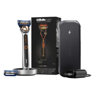 Gillette Heated Razor for Men, Deluxe Travel Shave Kit by GilletteLabs, 1 Handle, 2 Blade Refills, Charging Dock, Case