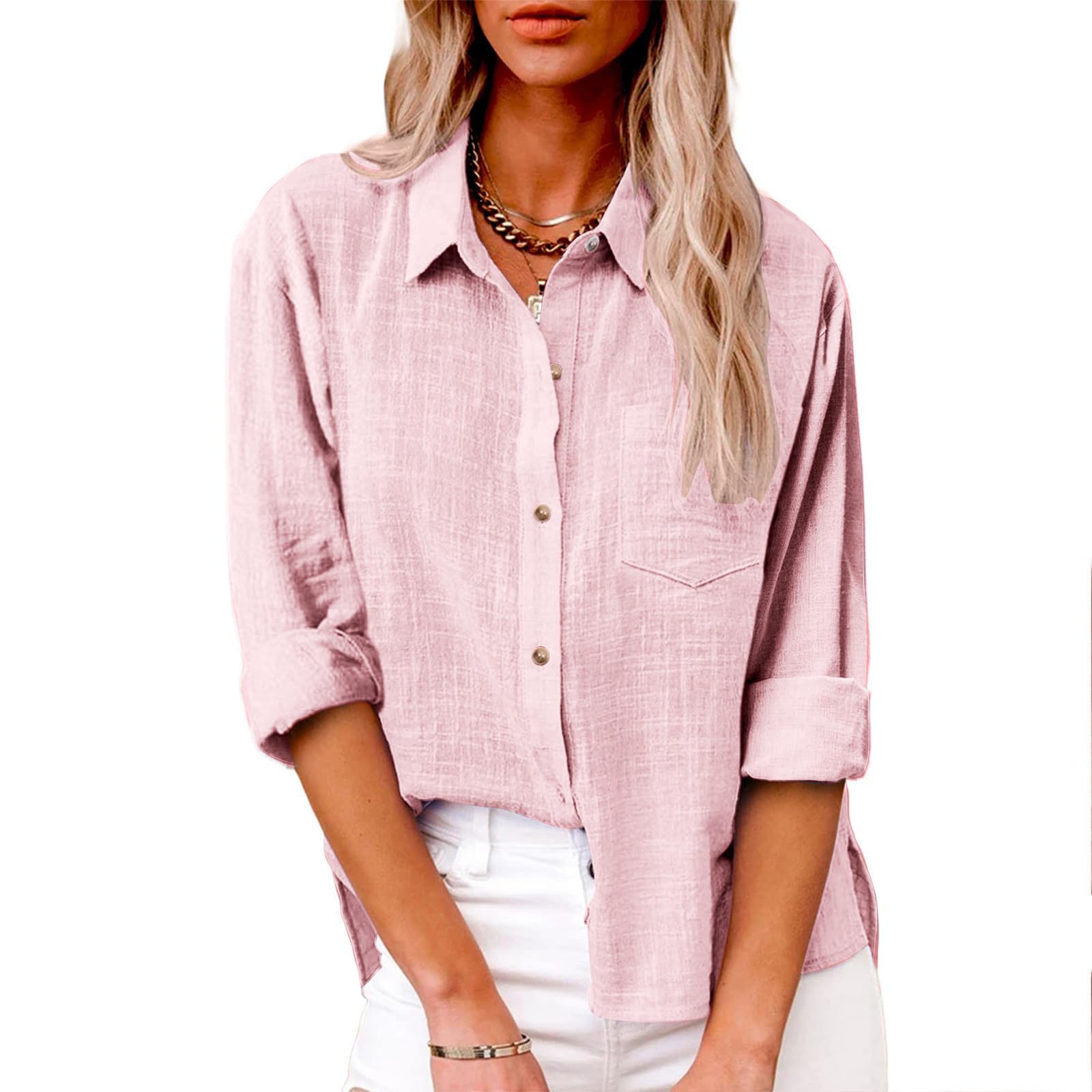 SMIDOW Womens Cotton Linen Button Down Shirt, #B-pink, Small