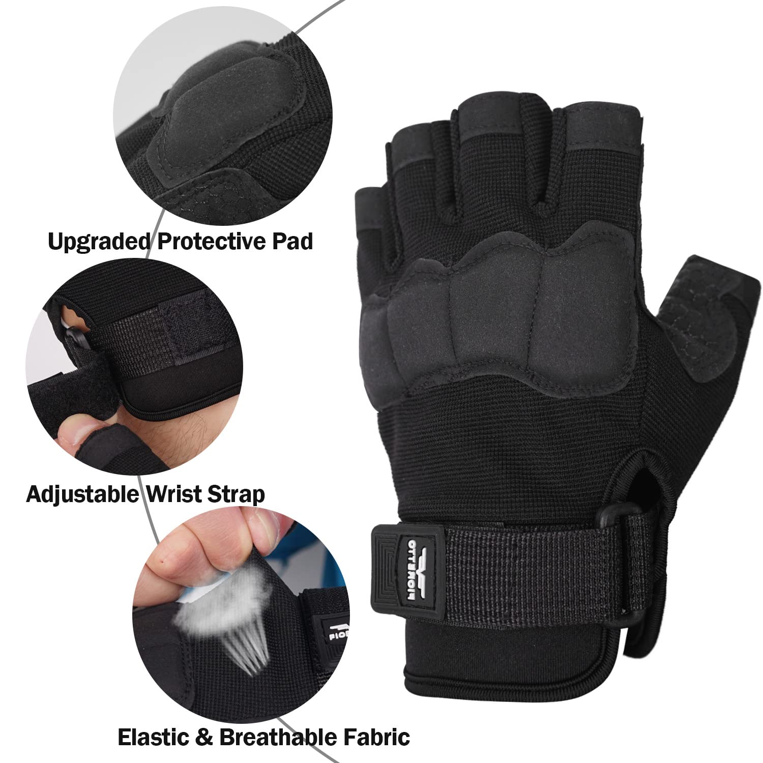 FIORETTO Fingerless Gloves, Airsoft Gloves, Half Finger Gloves for Driving, Cycling, Shooting, Hunting, Motorcycle, Climbing, Outdoor Work Black Large