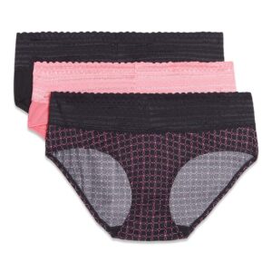 warner's women's blissful benefits no muffin 3 pack hipster panties, black/miami pink/miami pink octagon print, 3xl