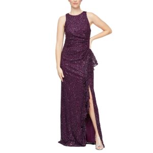 alex evenings women's long sleeveless mother of the bride dress w/cascade ruffle & front slit, (petite and regular sizes), plum, 14