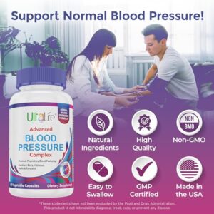 ULTALIFE Blood Pressure Supplements - Advanced Blood Pressure Supplement Complex - Hawthorn Berry, Hibiscus, Garlic, Forskolin - 14 Vitamins & Herbs, 30 Day Supply in Veggie Capsules