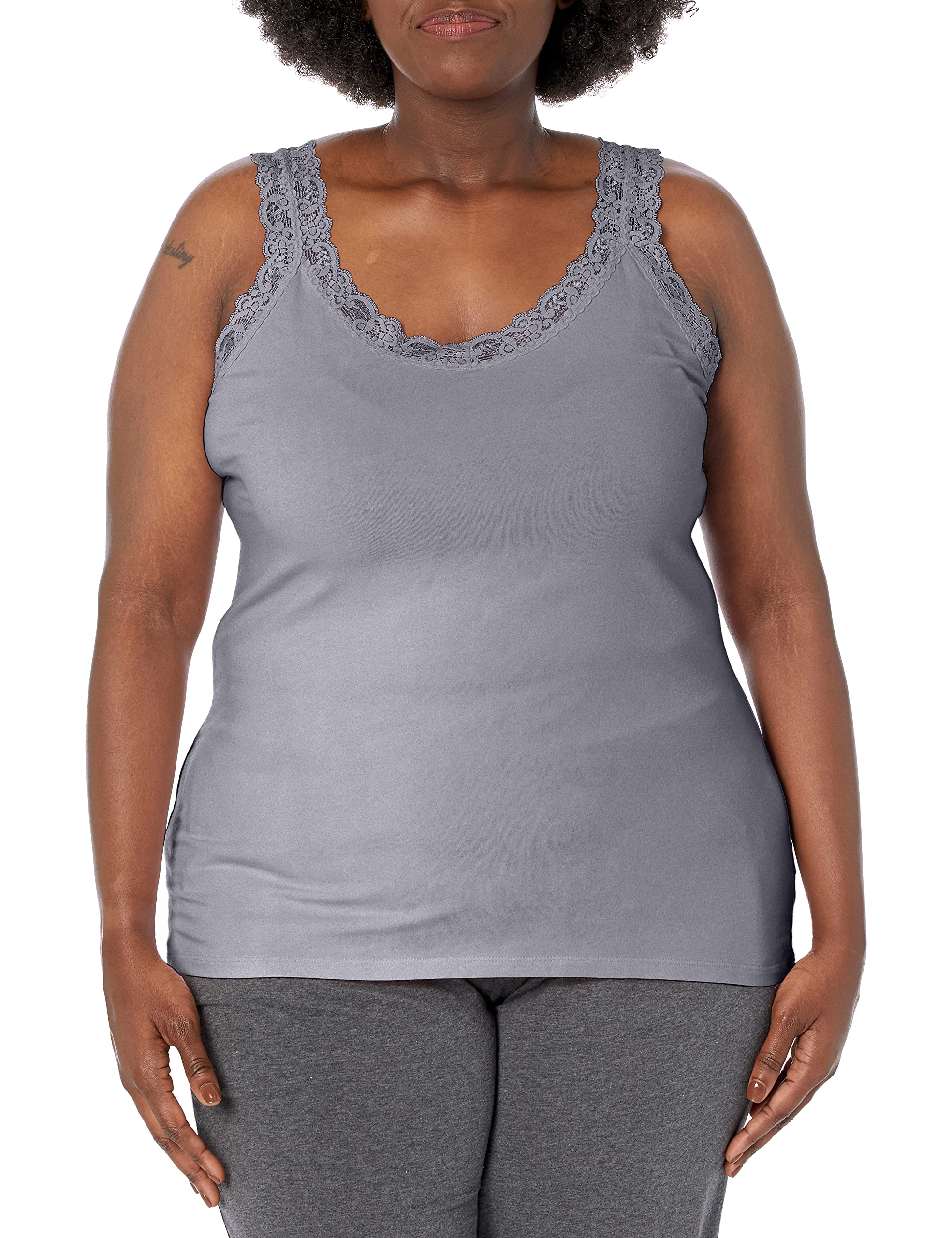 Just My Size Women's Plus Size Stretch Jersey Lace Trim Tank, Light Steel, 3X