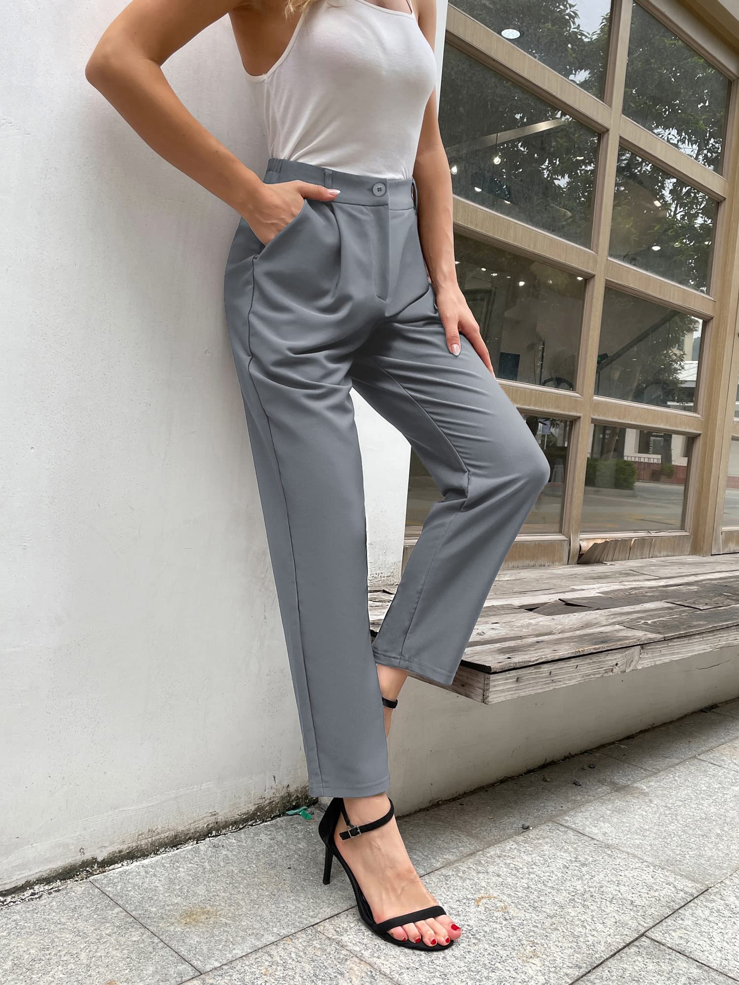 GRACE KARIN Women Casual Work Pants with Pockets Elastic Waist Pants Blue Grey M