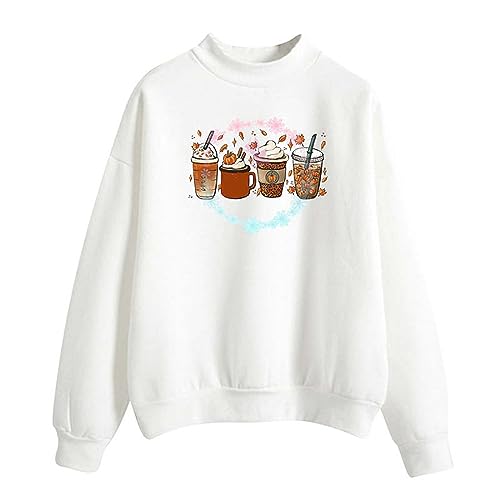 Ceboyel Womens Cute Halloween Sweatshirt 2023 Coffee Pumpkin Graphic Sweater Shirts Crewneck Long Sleeve Fall Clothing Youth Halloween Shirt White Xl