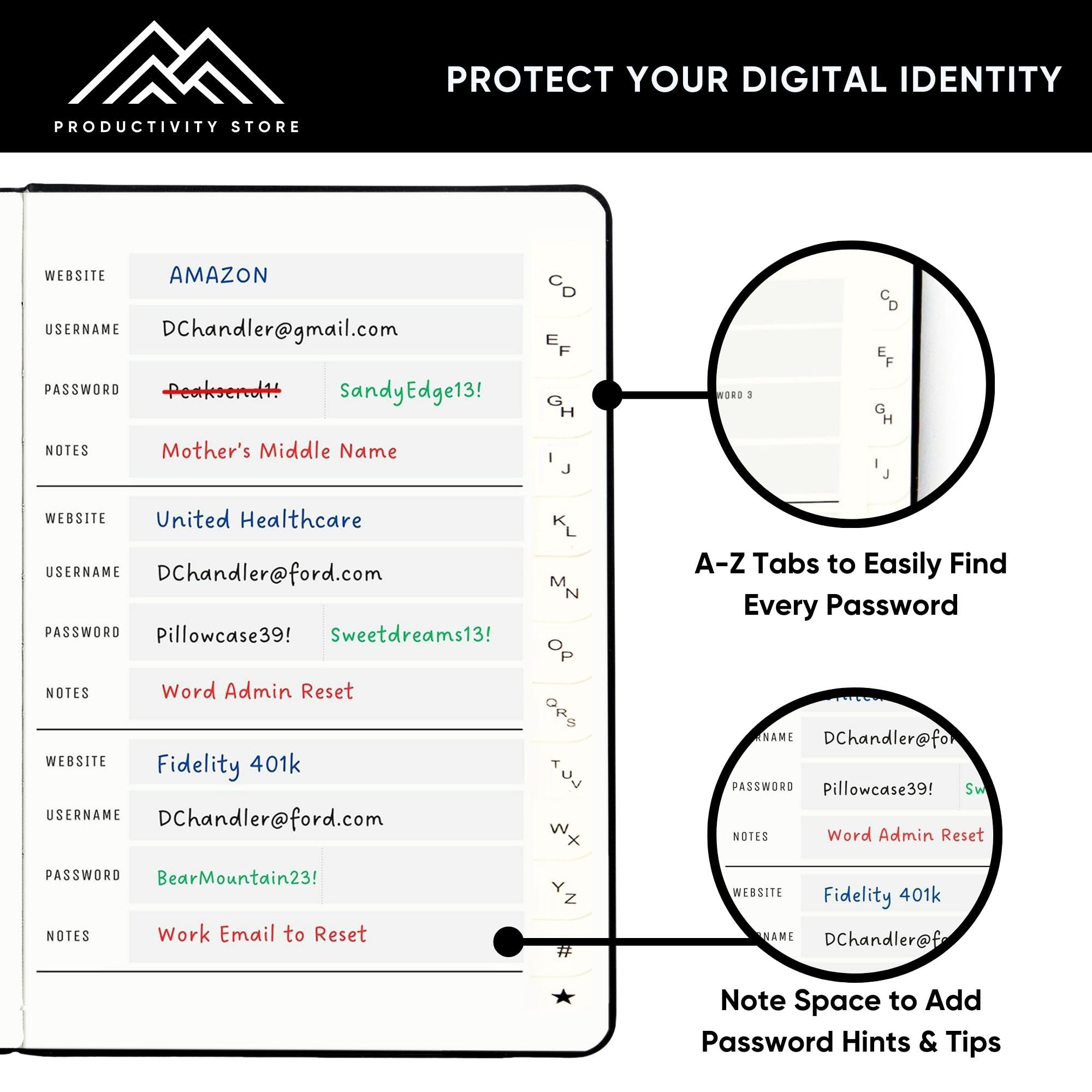 PRODUCTIVITY STORE Best Password Book With Alphabetical Tabs | Small Password Book, Organizer & Notebook | Password Keeper To Keep Website Logins & Passwords Safe | Black | Small 4x5.5