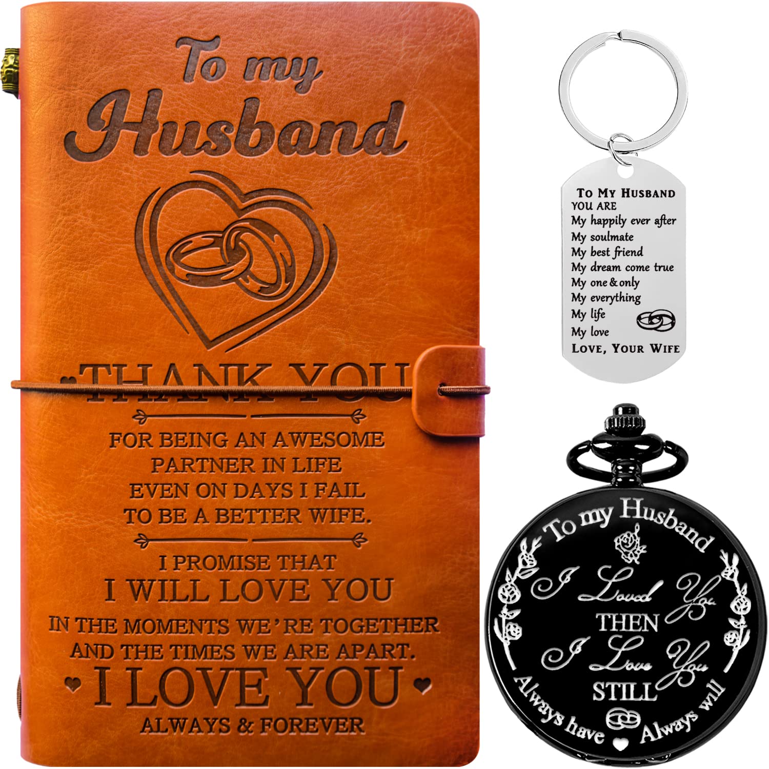 BoomBoomGifts Gifts to Husband from Wife,To My Husband Journal from Wife,Leather Journal Gifts to Husband from Wife,Pocket Watch to Husband,Husband Keychain from Wife,Wife to Husband Gift