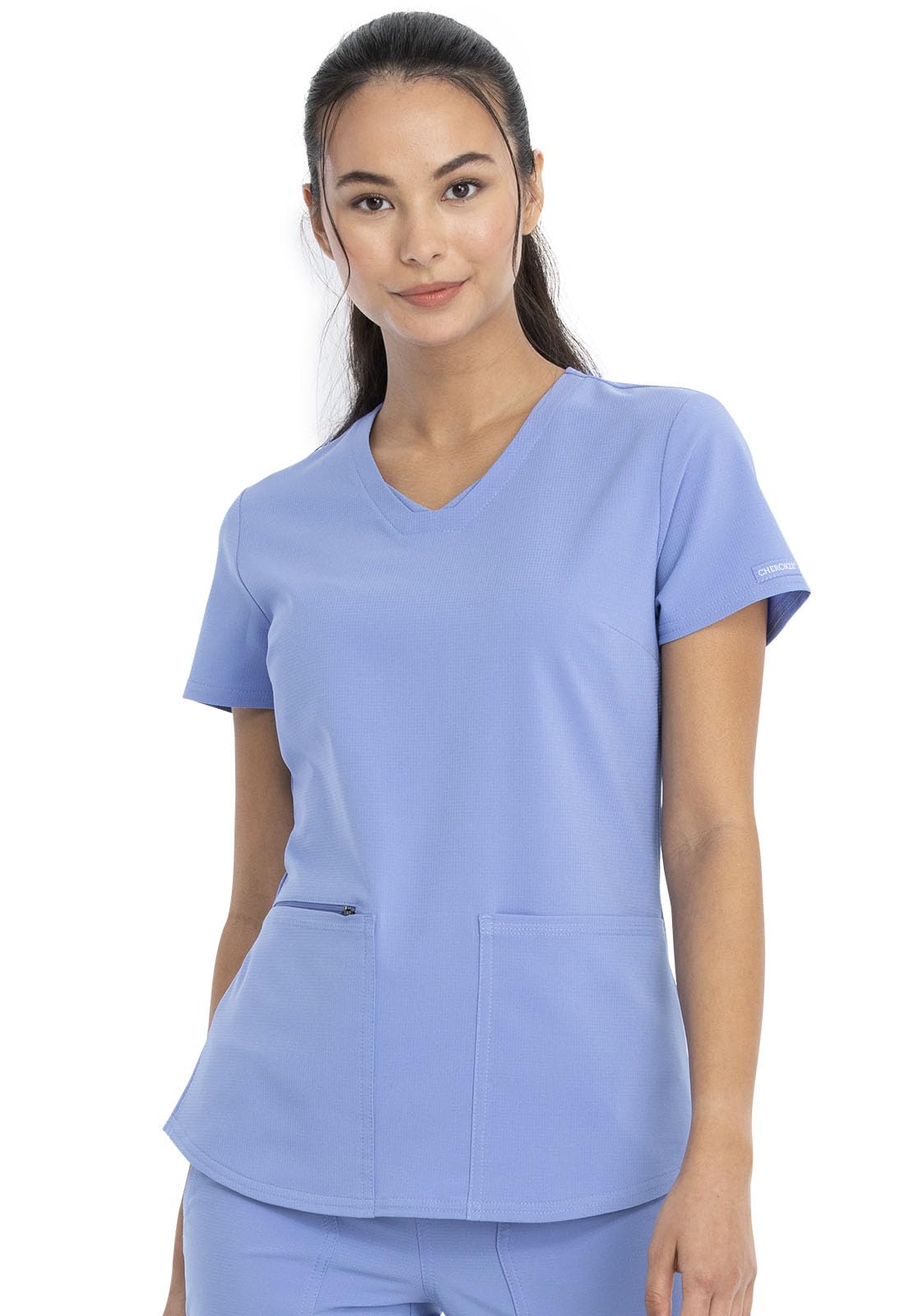 Cherokee Women's Plus Size V-Neck Scrubs Top, Ciel