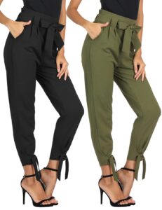 grace karin women's paper bag high waist slim fit knot pants with belt 2pcs black & army green l