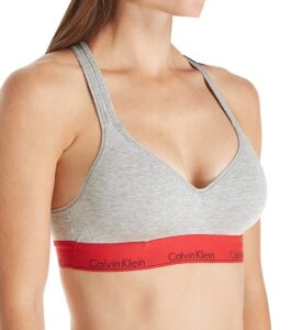 calvin klein women's modern cotton lightly lined wireless bralette, grey heather with red waistband, medium